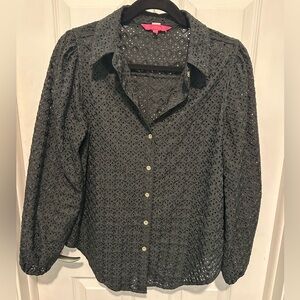 Lilly Pulitzer black eyelet long sleeve button up top, size medium